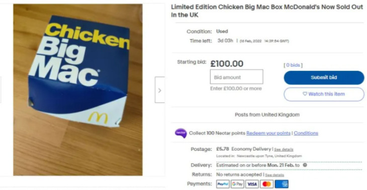 Üres csirkés Big Maces doboz, eladva 100 fontért (42 ezer Ft)