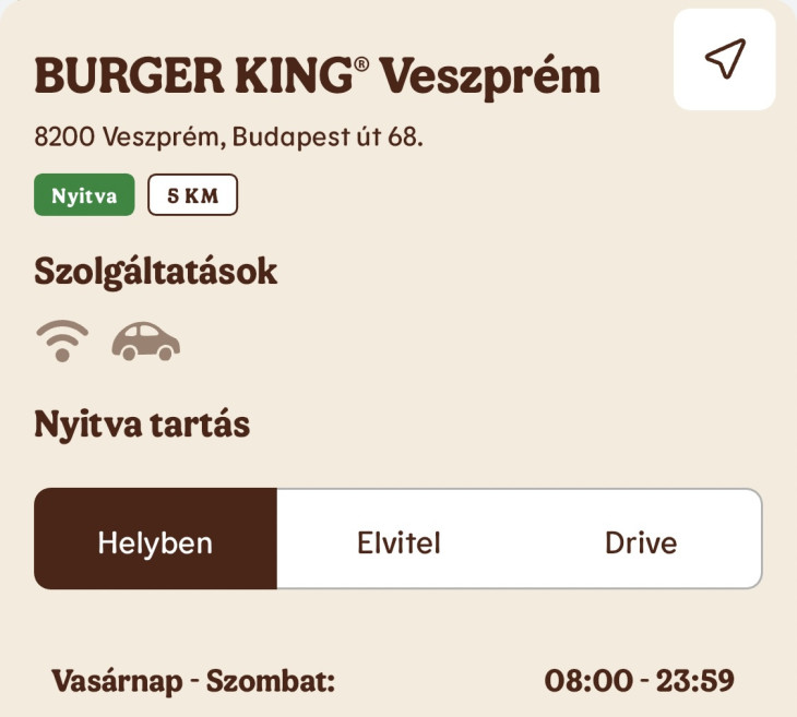 A veszprémi Burger King applikációján fellelhető nyitvatartás.