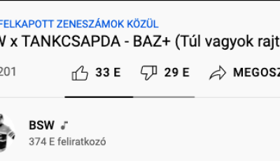 1 nap alatt 29 ezer dislike-ot s&ouml;p&ouml;rt be a BSW &eacute;s a Tankcsapda k&ouml;z&ouml;s dala