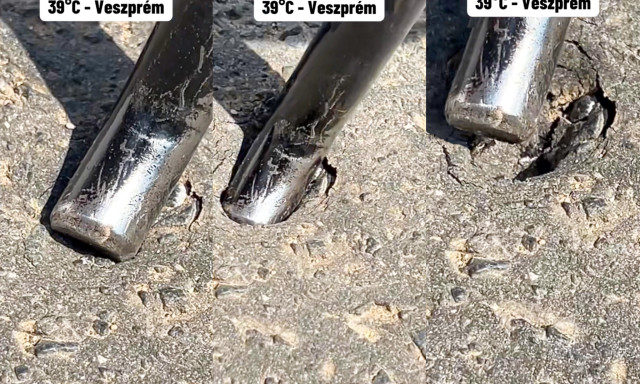 A veszpr&eacute;mi hős&eacute;g &uacute;j fokozata: beles&uuml;ppedt a roller t&aacute;masza az aszfaltba - VIDE&Oacute;